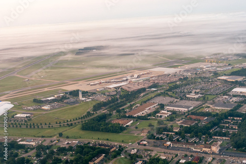 Richmond, Virginia - Aerial view of Richmond International Airport on a foggy morning 