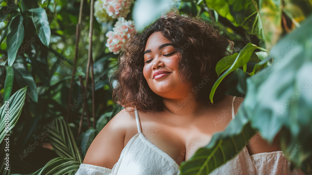 overweight woman with dark curly hair, wearing white , smiling and looking happy in the garden surrounded by plants. reconnecting with nature overweight woman with dark curly hair, wearing white , smiling and looking happy in the garden surrounded by plants. reconnecting with nature