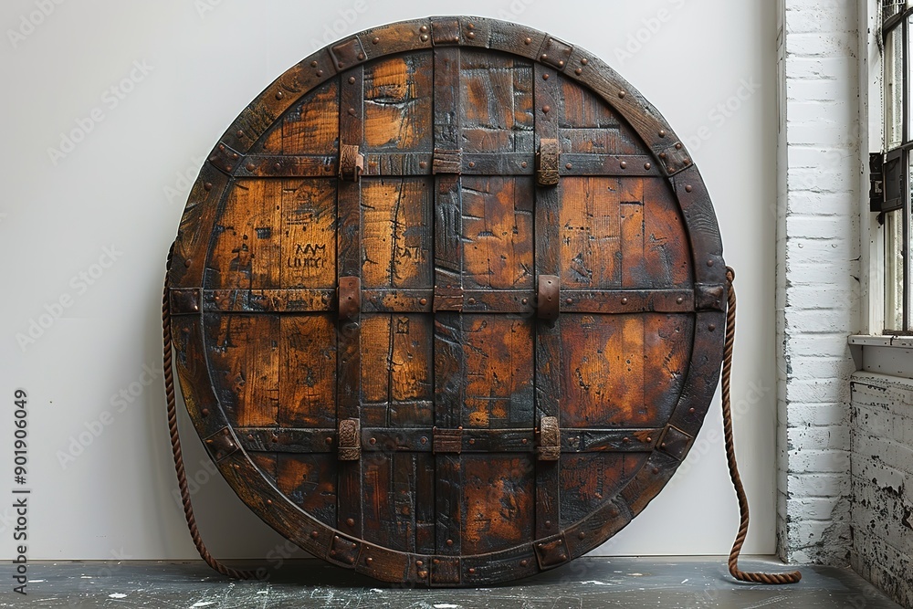 A large wooden object with a rope tied to it A large wooden object with a rope tied to it