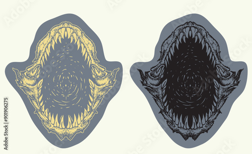 shark jaw with sharp teeth vector illustration in hand draw styl