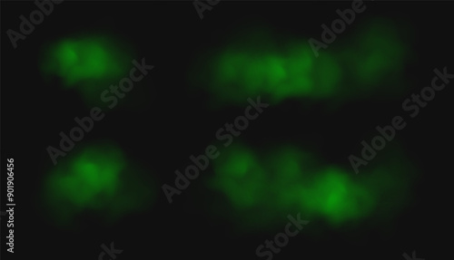 Green smoke, toxic cloud, realistic chemical gas, bad odour concept isolated on dark background. Vector illustration.