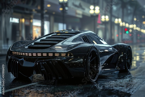 Black futuristic sports car driving on wet city street