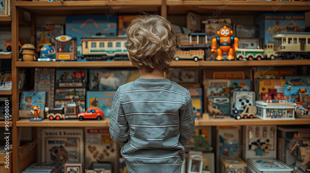 Little boy choosing toy car in supermarket Little boy choosing toy car in supermarket