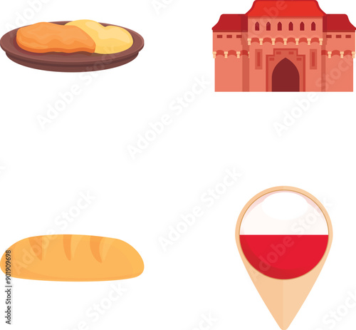 Vector illustration set of a fried egg, historical building, bread, and map pin