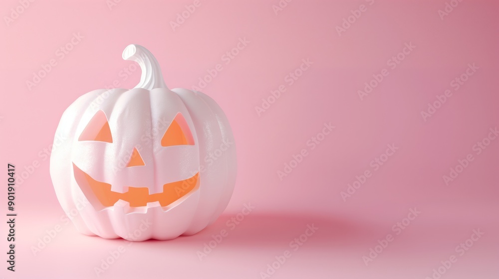 Fototapeta premium White carved pumpkin on pink background with free space, cute minimalistic Halloween banner