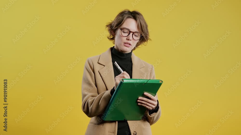 Businesswoman or female student writing notes with pen. Smart lady thinking, about future plans and to-do list in notebook for week, month, year. Keeping personal diary on yellow background Businesswoman or female student writing notes with pen. Smart lady thinking, about future plans and to-do list in notebook for week, month, year. Keeping personal diary on yellow background
