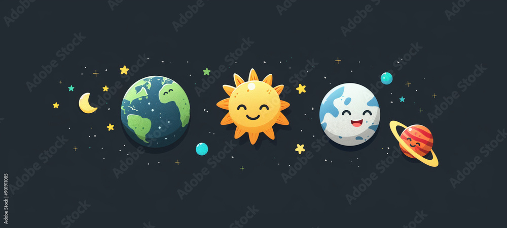 Naklejka premium An illustration of the solar system with Earth, Moon, and Sun in cartoon style, each with smiley faces, on a dark background