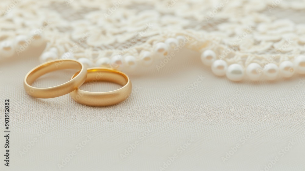 Two elegant wedding bands lie beautifully on intricate lace adorned with delicate pearls Two elegant wedding bands lie beautifully on intricate lace adorned with delicate pearls