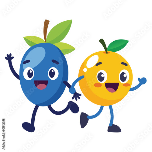 funny running  Blueberry and Mango  cartoon character, vector silhouette, 