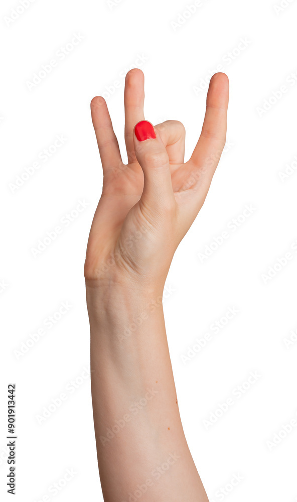 Hand showing the number 8 with fingers, isolated on a white background. Elegant woman’s hand with red manicure, closeup of polished nails. Body language gesture for deaf Hand showing the number 8 with fingers, isolated on a white background. Elegant woman’s hand with red manicure, closeup of polished nails. Body language gesture for deaf