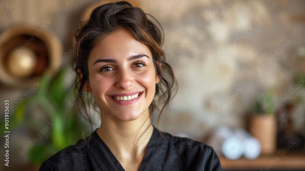 Smiling woman posing cheerfully in cozy massage salon during daylight hours Smiling woman posing cheerfully in cozy massage salon during daylight hours