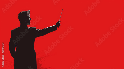 silhouette of orchestra conductor with baton on red background