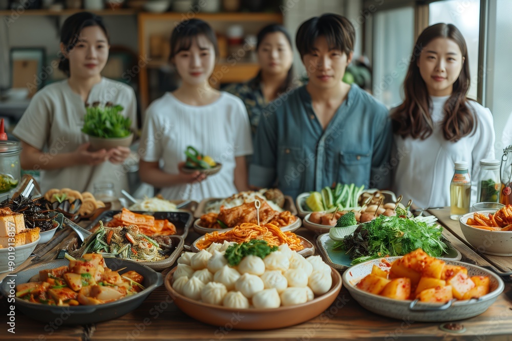 Group of Friends Celebrating With a Feast of Diverse Dishes in a Cozy Kitchen Group of Friends Celebrating With a Feast of Diverse Dishes in a Cozy Kitchen