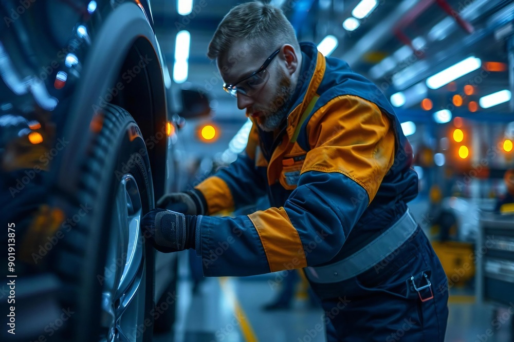 photo of a professional tire technician changing wheels at an auto workshop. photo of a professional tire technician changing wheels at an auto workshop.