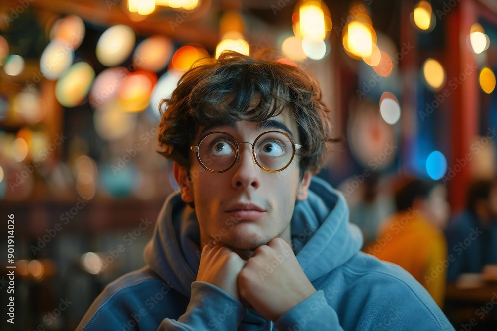 young man with thick glasses pulling a funny expression as he contemplates a quirky idea for a viral meme. young man with thick glasses pulling a funny expression as he contemplates a quirky idea for a viral meme.
