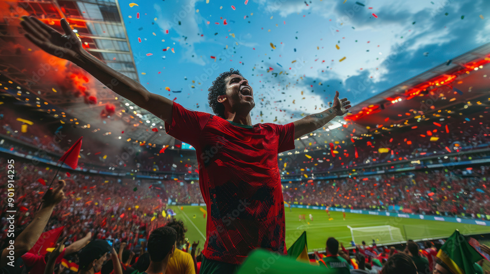 Ecstatic Soccer Fan Celebrating in Stadium - A joyful soccer fan in a red jersey, arms raised in excitement, celebrates a victory in a vibrant stadium under confetti rain. Ecstatic Soccer Fan Celebrating in Stadium - A joyful soccer fan in a red jersey, arms raised in excitement, celebrates a victory in a vibrant stadium under confetti rain.