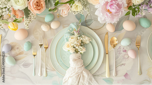 Easter tablescape decoration, floral holiday table decor for family celebration, spring flowers, Easter eggs, Easter bunny and vintage dinnerware, English country and home styling