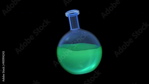 Chemistry boiling glass flask with an emissive green liquid in a loop animation with transparency photo