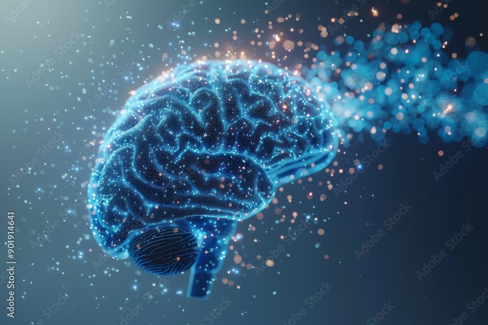 Futuristic brain illustration with blue glowing connections on a dark background representing technology and neural networks Futuristic brain illustration with blue glowing connections on a dark background representing technology and neural networks