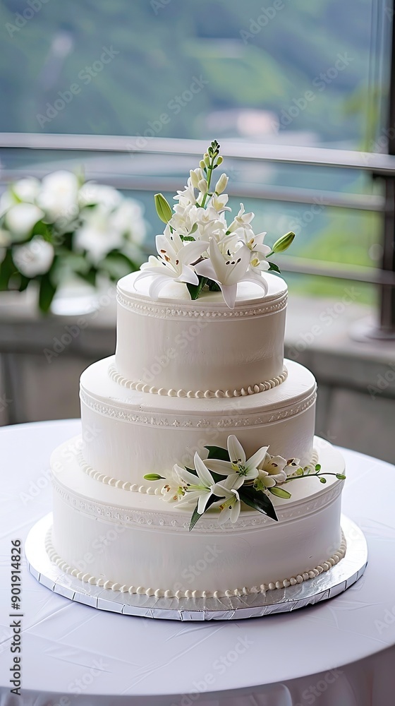 A beautifully decorated three-tiered wedding cake adorned with pearls and a floral accent, set outdoors in a serene garden A beautifully decorated three-tiered wedding cake adorned with pearls and a floral accent, set outdoors in a serene garden