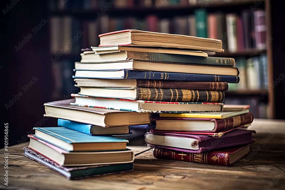 A stack of books on a wooden table. A stack of books on a wooden table.