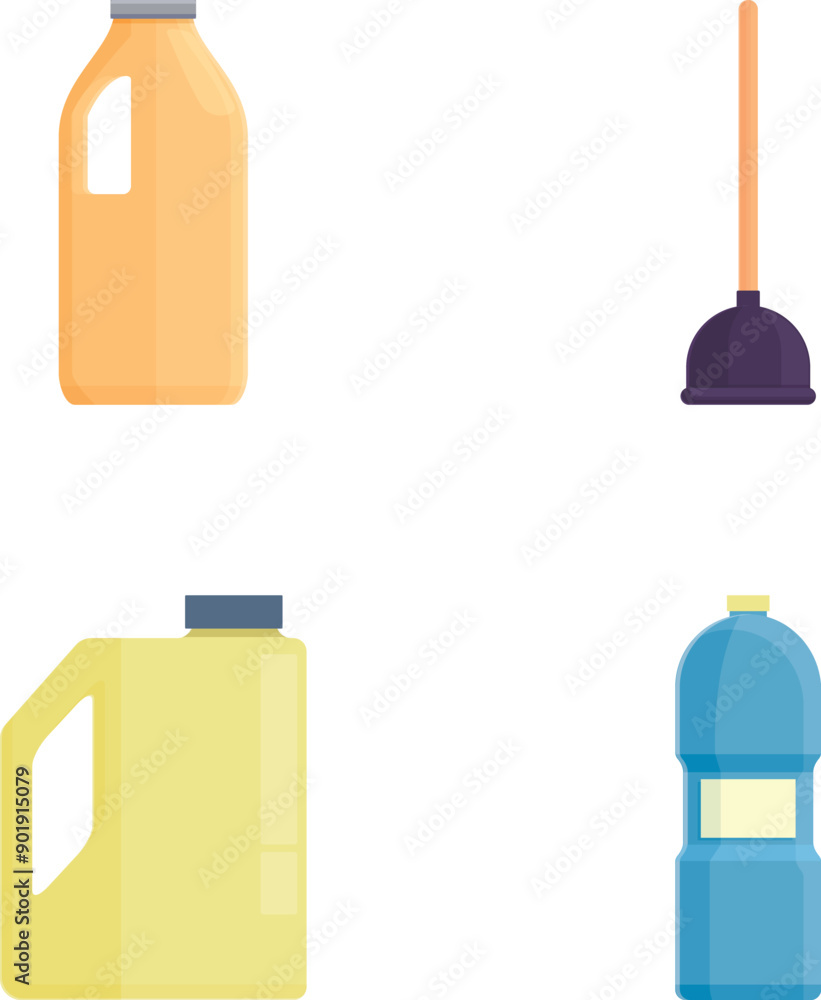 Vector illustration of a milk jug, plunger, fuel can, and water cooler bottle Vector illustration of a milk jug, plunger, fuel can, and water cooler bottle