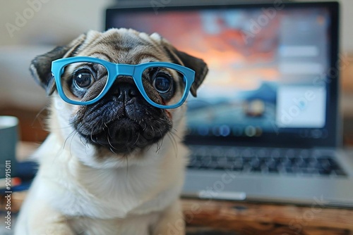 cute pug puppy wearing blue glasses sits in front of a laptop screen, showcasing a mix of digital and pet-friendly themes like online learning, virtual reality, cyber security photo