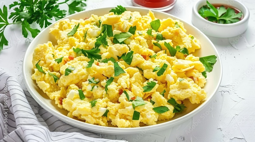 Soft boiled eggs garnished with herbs and served with a spicy dipping sauce on a stylish white plate Soft boiled eggs garnished with herbs and served with a spicy dipping sauce on a stylish white plate