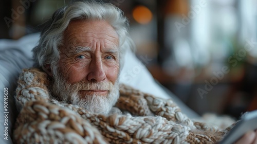 A person, comfortably wrapped in a thick, knitted blanket, is resting indoors, emanating a sense of warmth, comfort, and relaxation, against a soft, homey background. photo