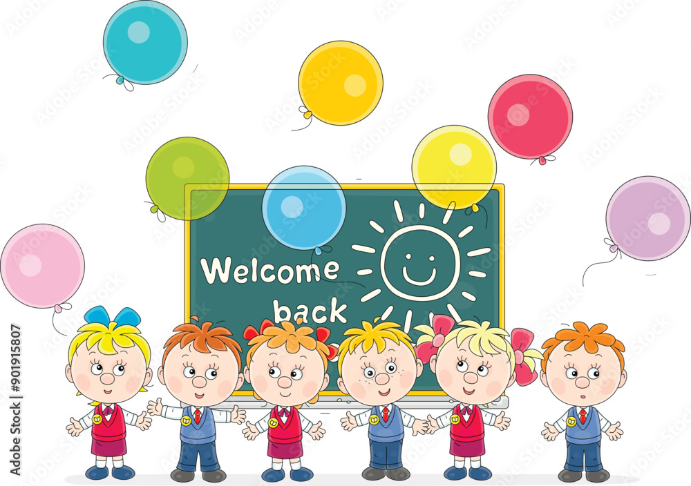 Happy little schoolboys, schoolgirls and a blackboard decorated with colorful holiday balloons on the first of September, vector cartoon illustration Happy little schoolboys, schoolgirls and a blackboard decorated with colorful holiday balloons on the first of September, vector cartoon illustration