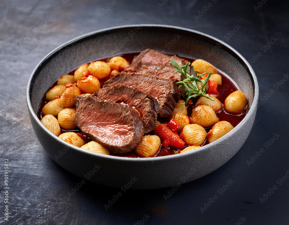 Italian chianina roast beef with gnocchetti in spicy red wine sauce in a ceramic bowl Italian chianina roast beef with gnocchetti in spicy red wine sauce in a ceramic bowl