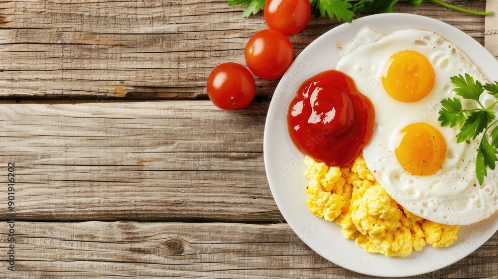 Soft boiled eggs garnished with herbs and served with a spicy dipping sauce on a stylish white plate Soft boiled eggs garnished with herbs and served with a spicy dipping sauce on a stylish white plate