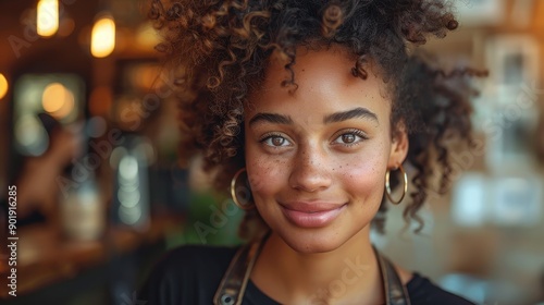 A young woman with curly hair and large hoop earrings is smiling softly while sitting in a cozy café environment illuminated by warm ambient lighting.