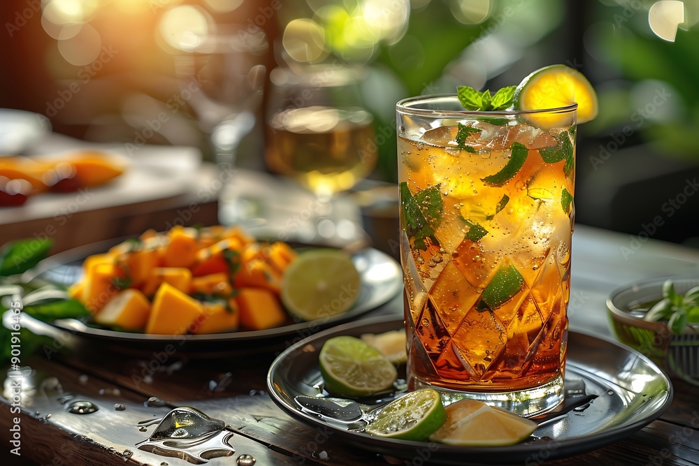 a glass of ice tea with lime slices and a plate of fruit. a glass of ice tea with lime slices and a plate of fruit.