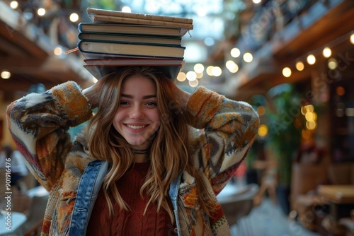 - A joyful college student wearing trendy fashion balances a stack of books on her head with a smile on her face, showcasing her dedication to education and love for learning. photo