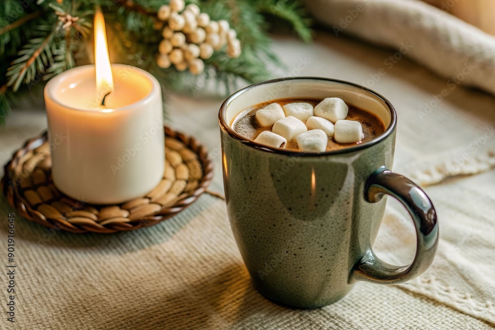 A mug of hot chocolate with marshmallows on top sits on a wooden table next to a A mug of hot chocolate with marshmallows on top sits on a wooden table next to a