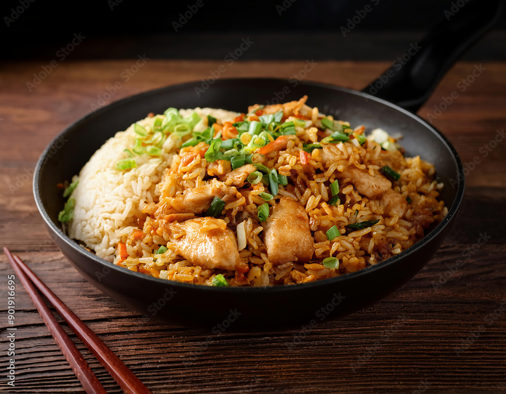 Korean Dak Galbi Fried Rice with Chicken and Cabbage on black pan Korean Dak Galbi Fried Rice with Chicken and Cabbage on black pan