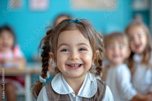 playful toddler girl in a school uniform, smiling and laughing with friends in a classroom setting, against a bright blue background.