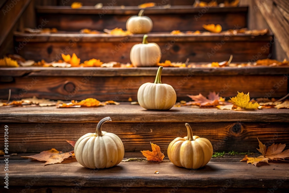 A row of pumpkins are sitting on a wooden staircase A row of pumpkins are sitting on a wooden staircase