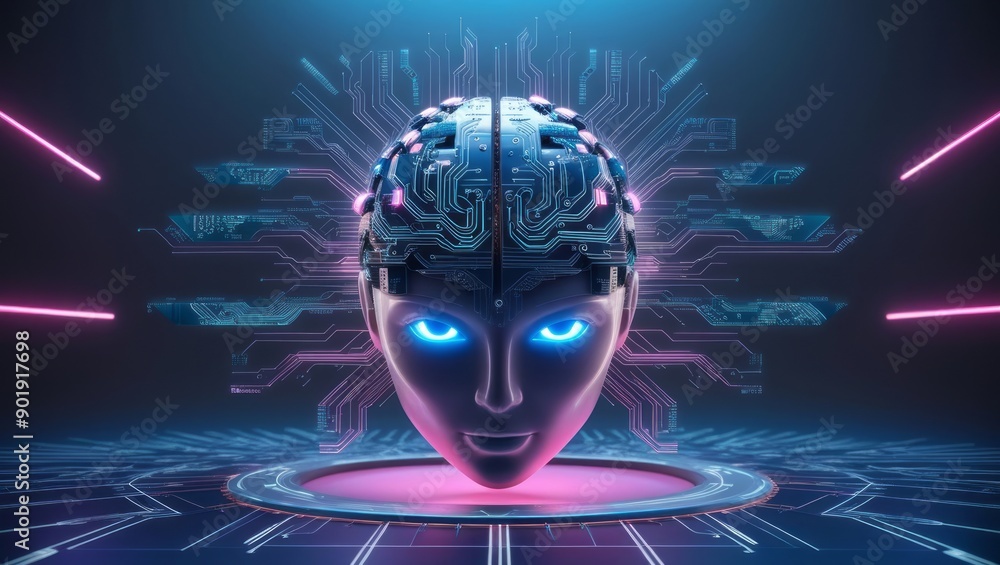 Render a high-tech 3D AI brain with glowing circuits and microchips, neon accents, and bright blue eyes against a dark gradient background with a subtle grid pattern. Render a high-tech 3D AI brain with glowing circuits and microchips, neon accents, and bright blue eyes against a dark gradient background with a subtle grid pattern.