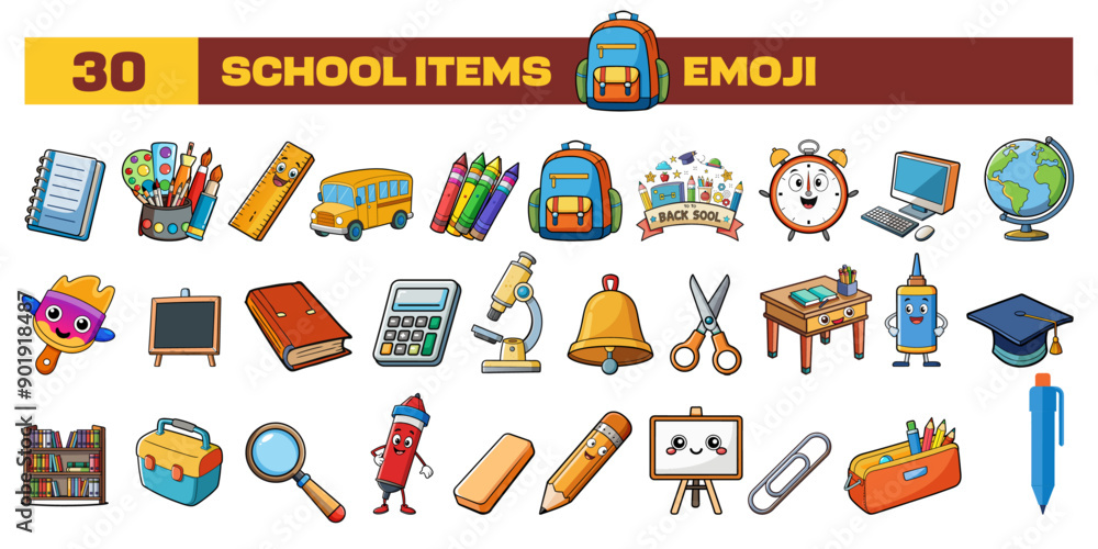 Set of vector School Items emoji, clipart, or icon. Cartoon style different all School Items emojis in one icon bundle Set of vector School Items emoji, clipart, or icon. Cartoon style different all School Items emojis in one icon bundle