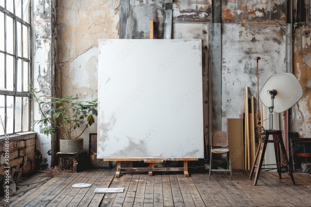Large blank canvas in an artist studio waiting to be painted Large blank canvas in an artist studio waiting to be painted