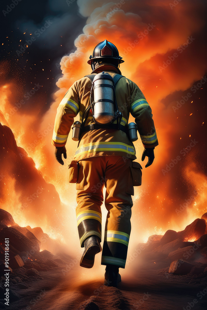 Fototapeta premium Rear view of firefighter against in fiery fire, massive blaze, fire flame at night.