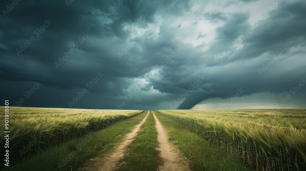 A road runs through a field of tall grass A road runs through a field of tall grass