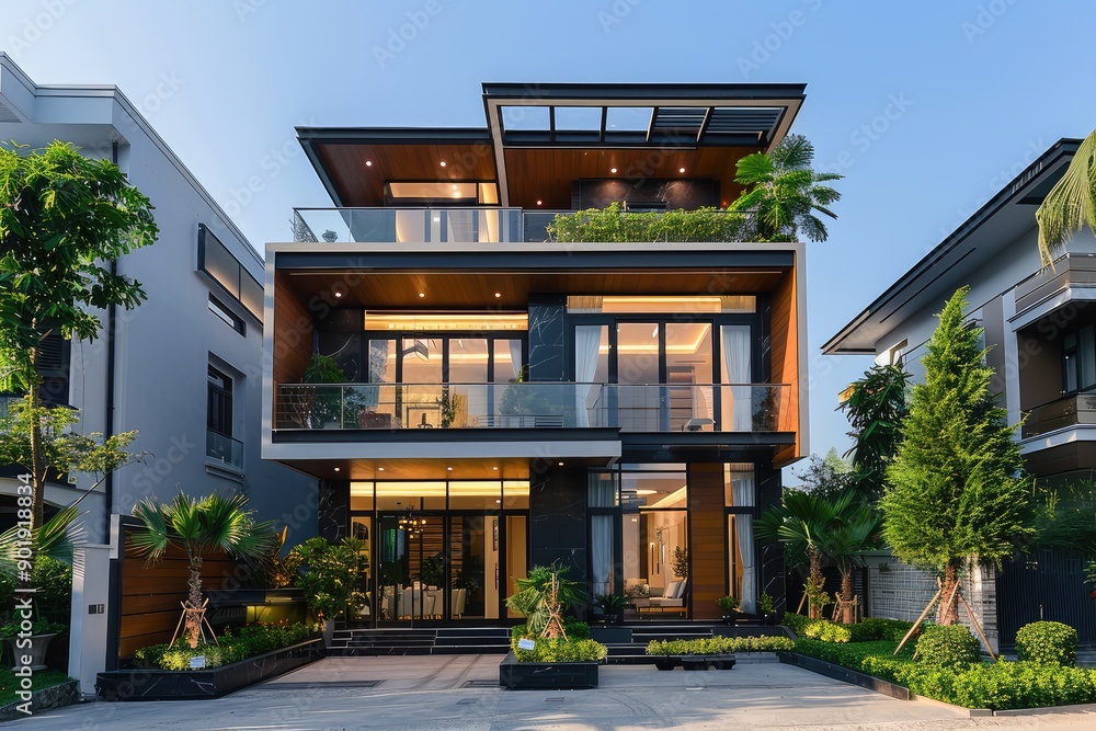 Fototapeta premium Beautiful modern house exterior with grass field Modern residential district