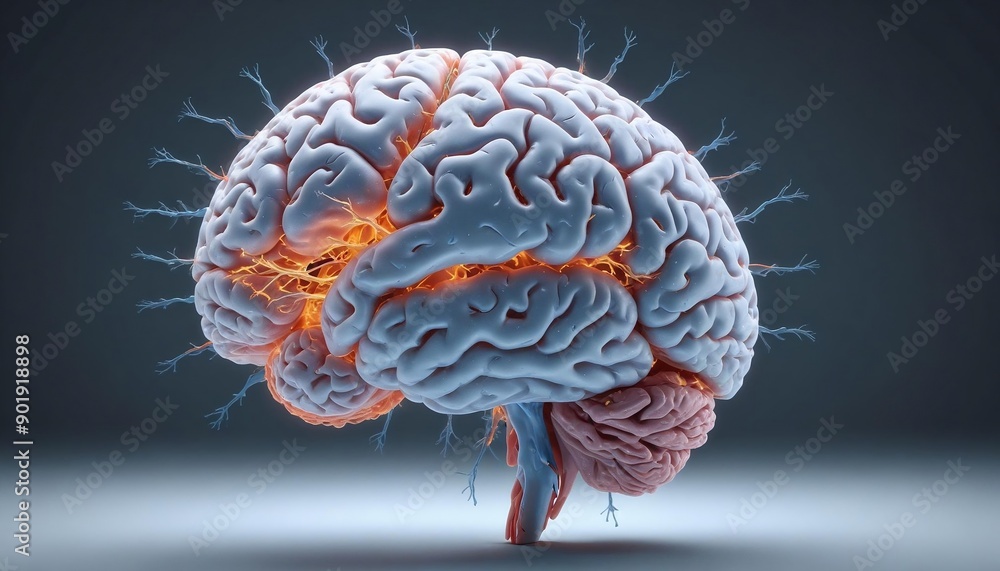 3D rendering of a brain highlighting concepts of degenerative diseases such as Parkinson's, Alzheimer's, synapses, & neuron brain diseases concept created with Generative AI 3D rendering of a brain highlighting concepts of degenerative diseases such as Parkinson's, Alzheimer's, synapses, & neuron brain diseases concept created with Generative AI