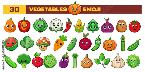 Set of vector Vegetables emoji, clipart, or icon. Cartoon style different all Vegetables emojis in one icon bundle