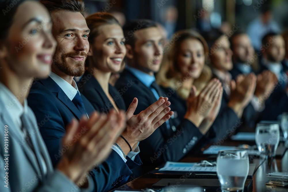 group of corporate team members applauding during a business meeting, showcasing teamwork and collaboration. group of corporate team members applauding during a business meeting, showcasing teamwork and collaboration.