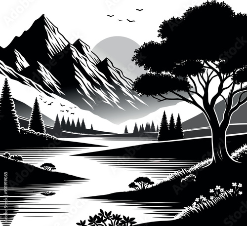 Beautiful relaxing landscape with mountain river and tree Silhouette illustration vector