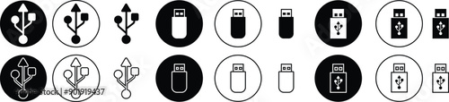 USB icon set. Flash disk flash drive flat and line black vector collection isolated on transparent background. Internet video. Console media storage, Computer Technology, charger, data transfer sign.